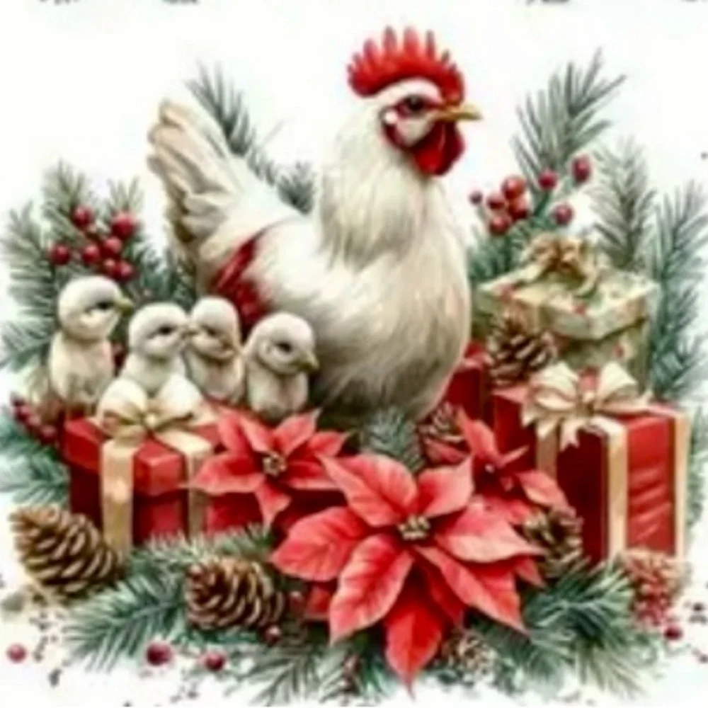 Merry Chicken Christmas SceneHandmade Circle Ornament‎
